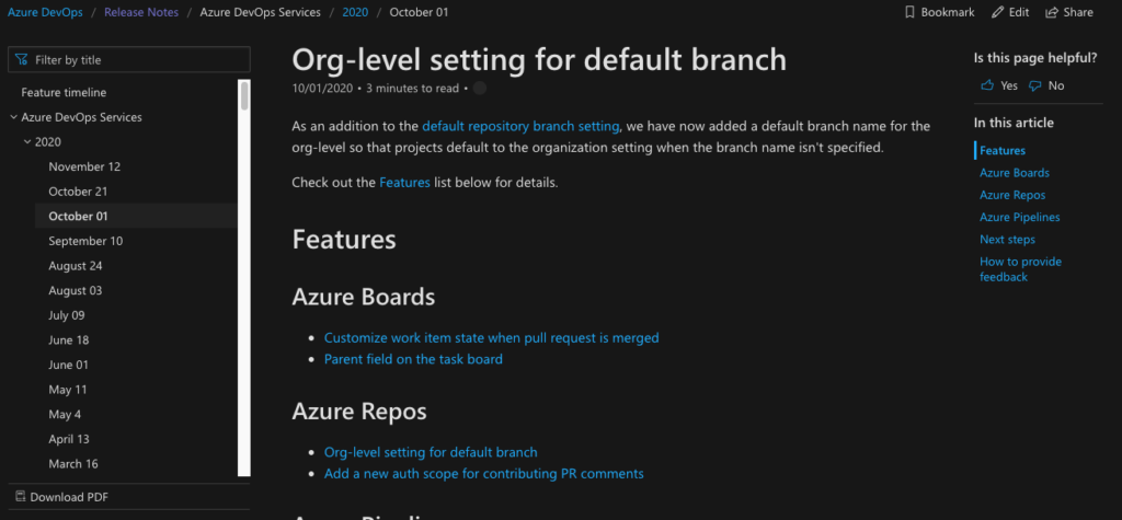 Release notes of Microsoft Azure DevOps - a good example